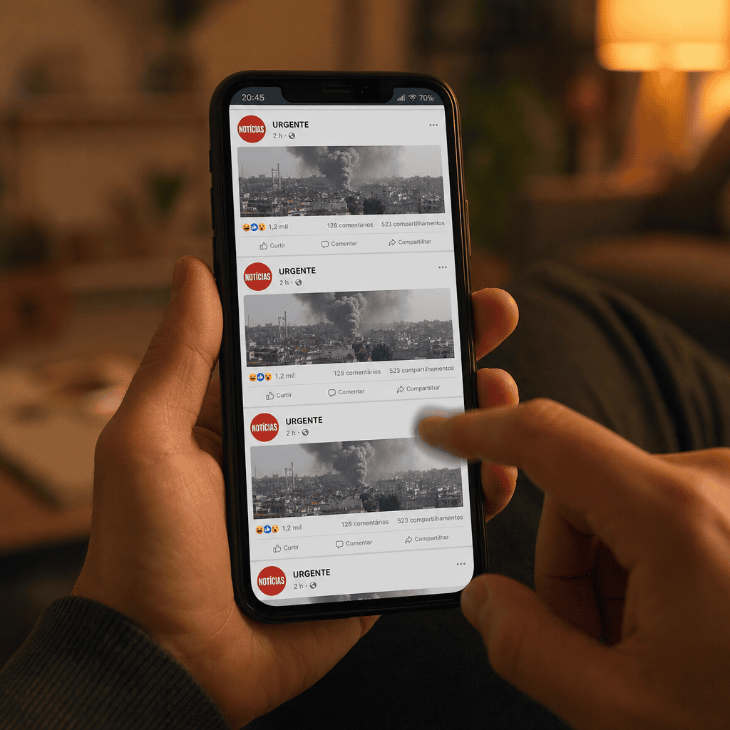 Redes sociais amplificando a ilusão de verdade através de algoritmos de repetição.