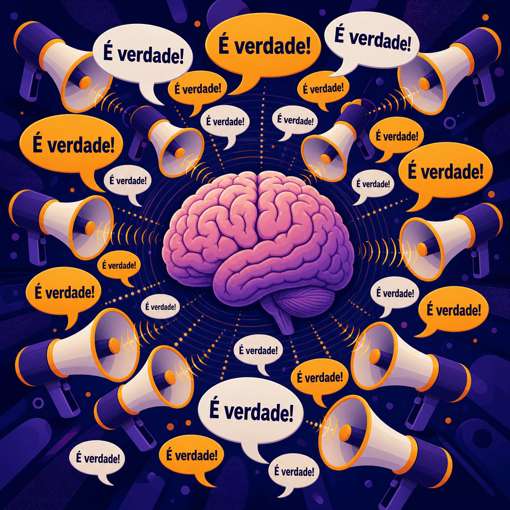 Cérebro humano sofrendo o efeito da ilusão de verdade através da repetição de mensagens.