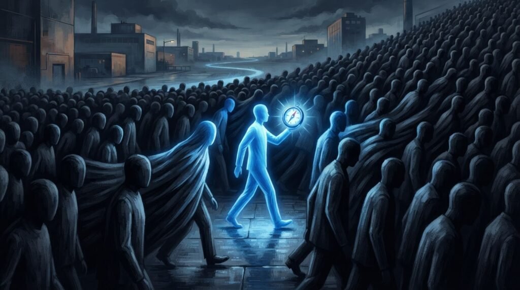 Ilustração artística representando o efeito manada e a busca por autonomia de pensamento nas eleições de 2026.