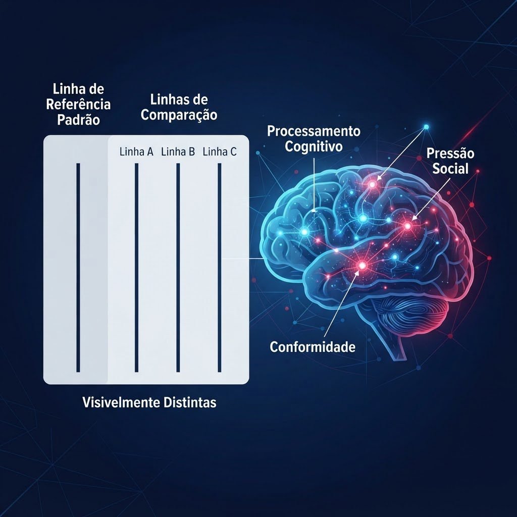Experimento clássico de Solomon Asch sobre conformidade e efeito manada na psicologia social.