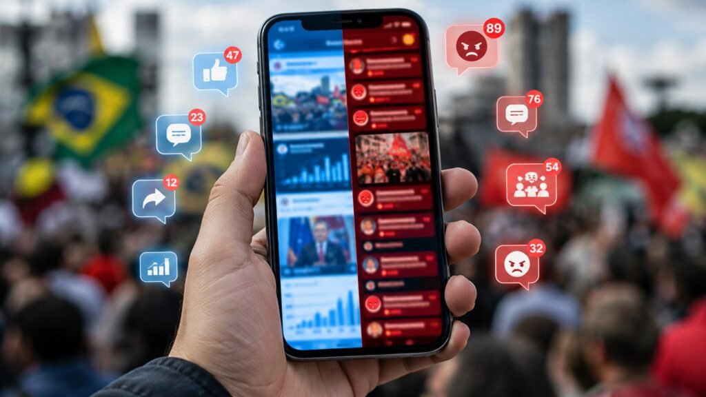 Eleitor analisando celular com notificações polarizadas, exemplificando o viés de grupo impulsionado por redes sociais nas eleições de 2026.