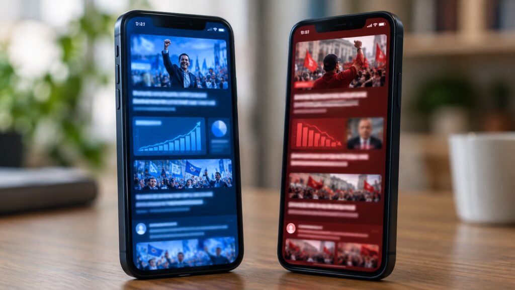 Dois aparelhos de celular exibindo feeds contraditórios gerados pela bolha de filtro durante o cenário das eleições de 2026.