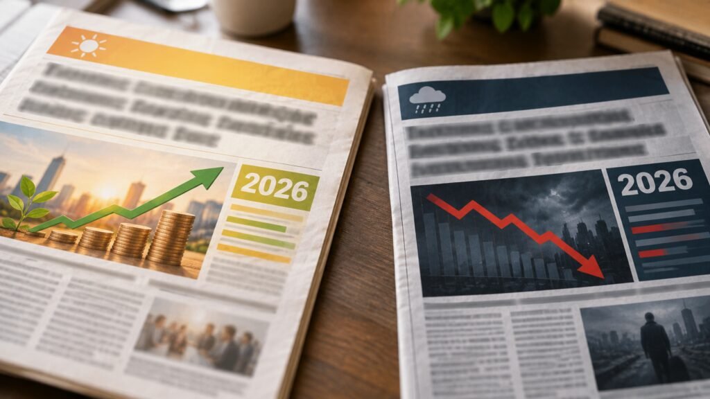 Comparação entre manchetes da imprensa evidenciando o efeito de enquadramento e a manipulação retórica nas eleições de 2026.
